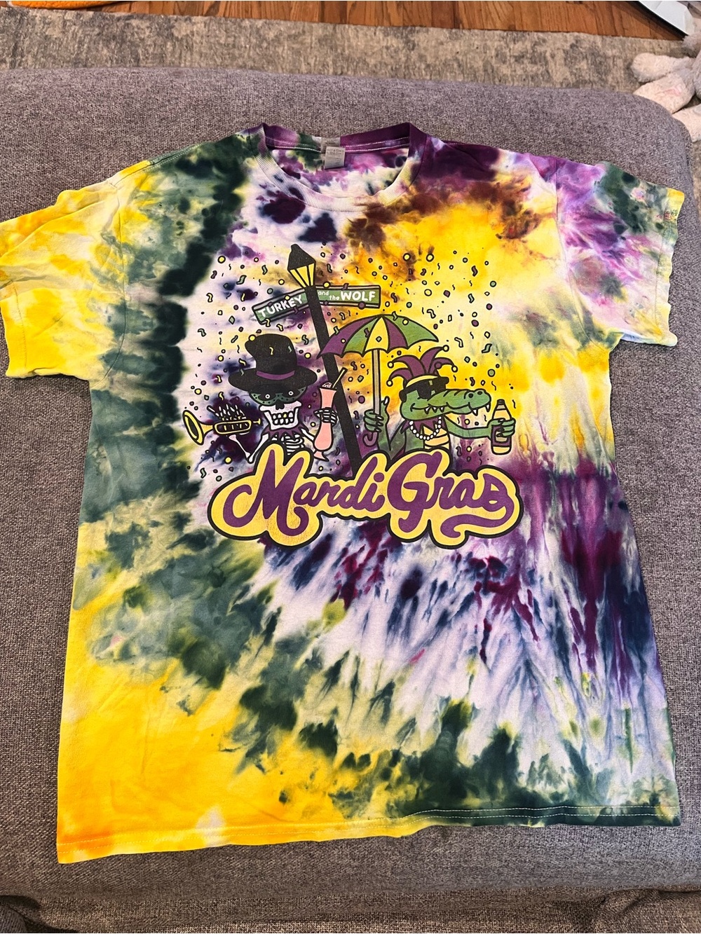 Turkey & The Wolf Tie-Dye Mardi Gras T-Shirt - Yellow, Purple, Green